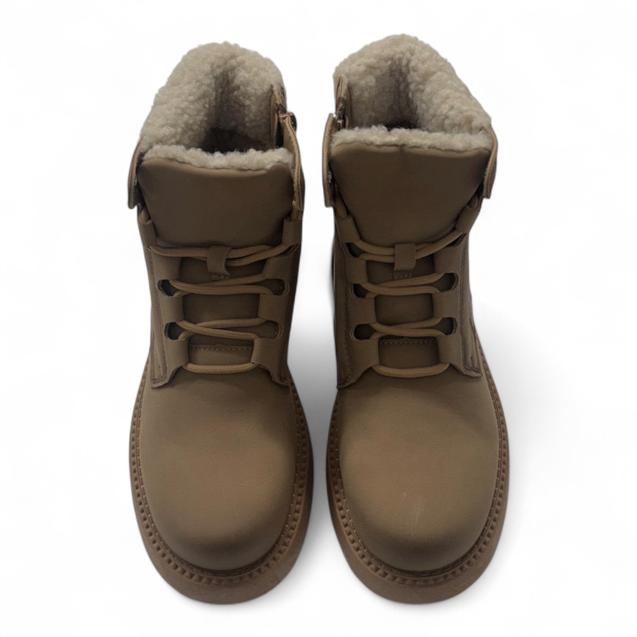 Ladies camel fleece-lined ankle boots with side zip and warm faux fur collar – stylish winter boots for women.